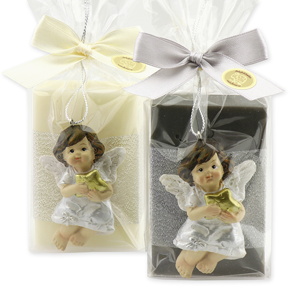 Sheep milk soap square 150g decorated with an angel in a cellophane bag, Classic/Christmas rose silver 