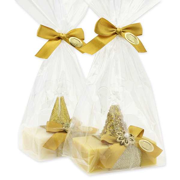 Schafmilchseife eckig 150g dekoriert mit Engel, Dekoband, Masche und Ornament verpackt in Cello, Classic/Zirbe 