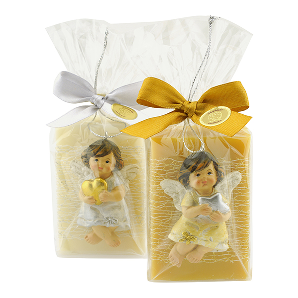 Schafmilchseife eckig 150g dekoriert mit Engel und Dekoband verpackt in Cello, Classic/Zirbe 