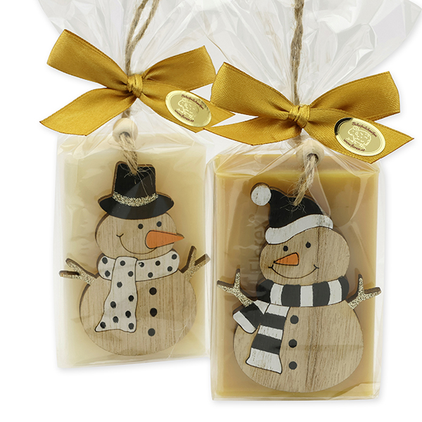Sheep milk soap square 150g decorated with a snowman in a cellophane, Classic/Swiss pine 