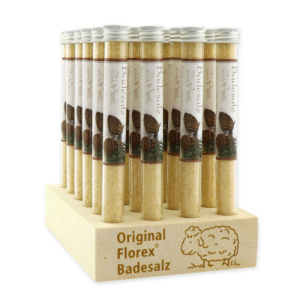 Swiss pine wood display with laser engraving, filled with 24 bath salt in vials 28g Swiss pine 