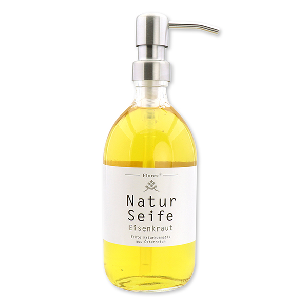 Real liquid natural soap with sheep milk 500ml in a glass bottle with a metal pump silver, verbena 