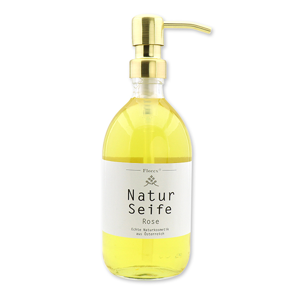 Real liquid natural soap with sheep milk 500ml in a glass bottle with a metal pump gold, rose 