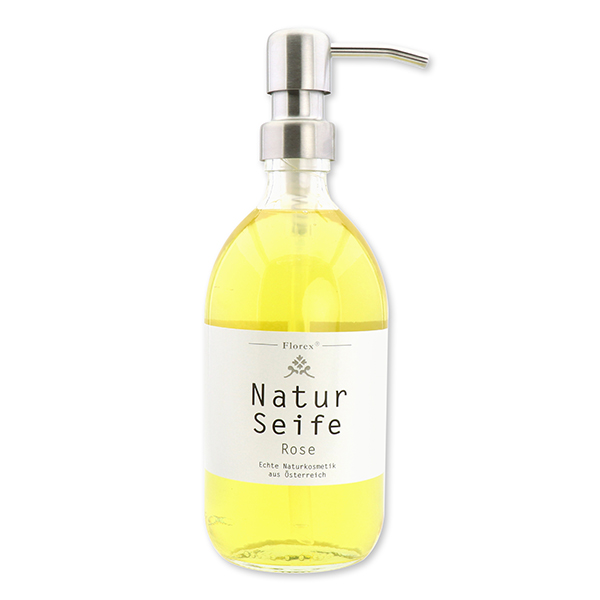 Real liquid natural soap with sheep milk 500ml in a glass bottle with a metal pump silver, rose 