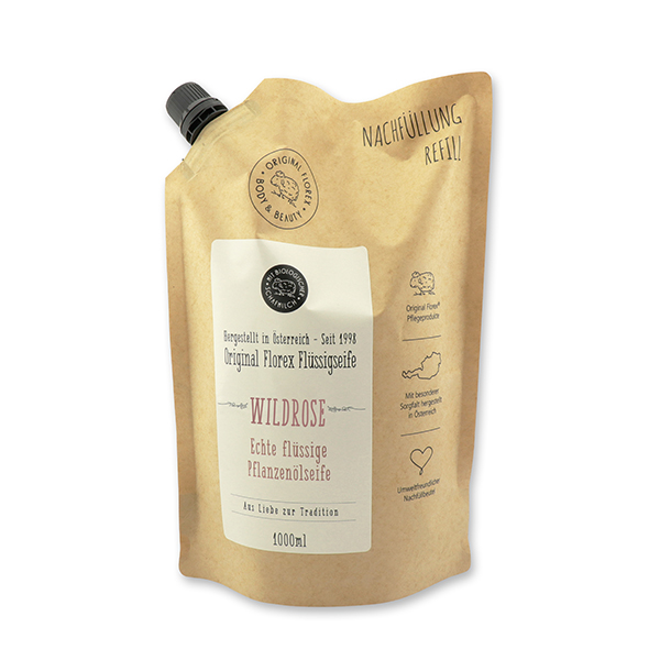 Liquid vegetable oil soap with sheepmilk 1l in a refill-bag  "Love for tradition", Wild rose 