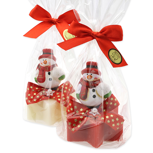 Sheep milk soap star 80g decorated with a snowman in a cellophane, Classic/pomegranate 