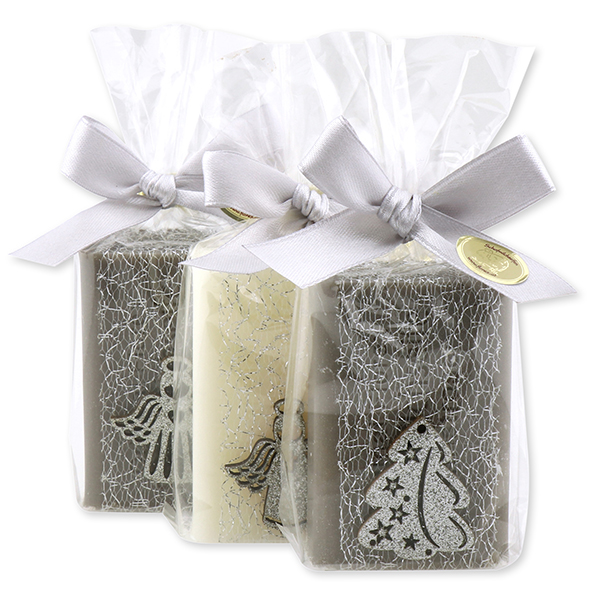 Schafmilchseife eckig 100g dekoriert mit Weihnachtsmotiven in Cello, Classic/Christrose 