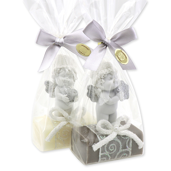 Sheep milk soap 100g decorated with an angel-Igor in a cellophane, Classic/christmas rose silver 