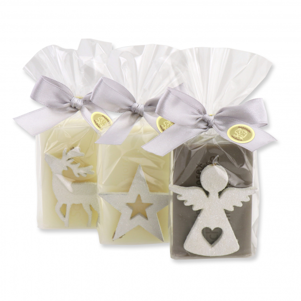 Sheep milk soap 100g, decorated with christmas motifs in a cellophane, Classic/christmas rose silver 