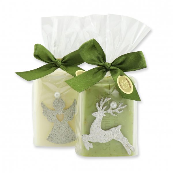 Schafmilchseife eckig 100g dekoriert mit Weihnachtsmotiven in Cello, Classic/Eisenkraut 