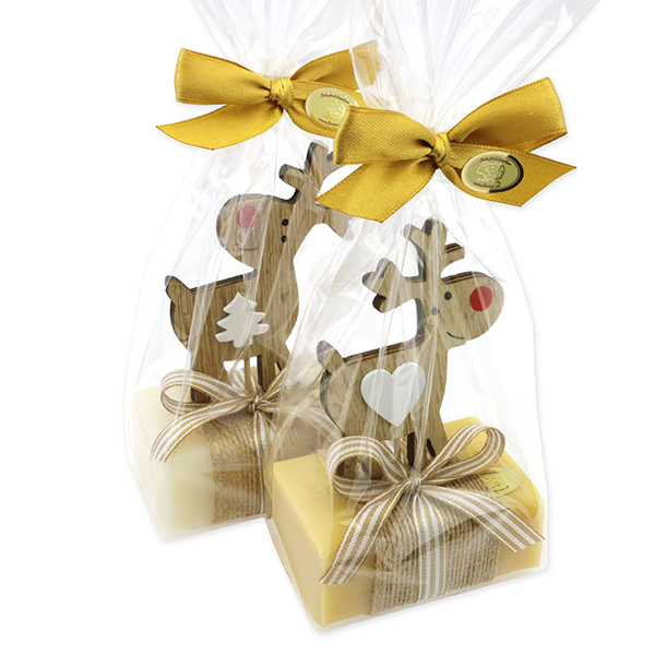 Sheep milk soap 100g deocrated with a deer in a cellophane, Classic/swiss pine 