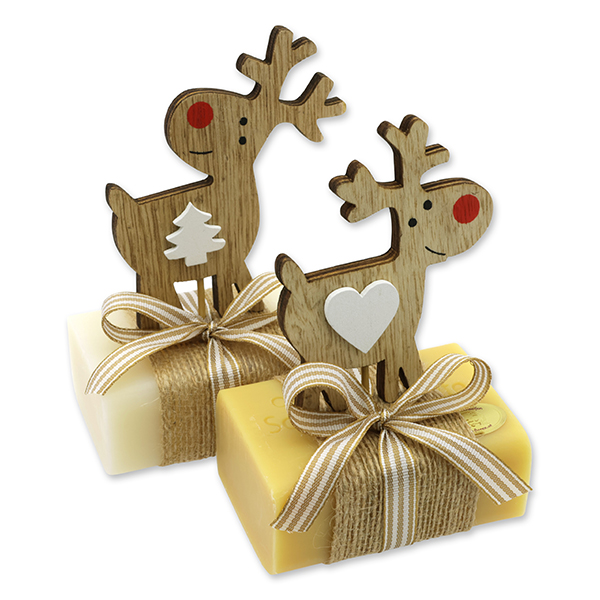 Schafmilchseife eckig 100g dekoriert mit Hirsch, Classic/Zirbe 