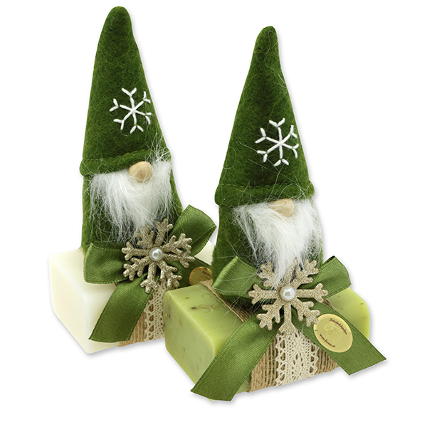 Schafmilchseife eckig 100g dekoriert mit Wichtel, Classic/Eisenkraut 