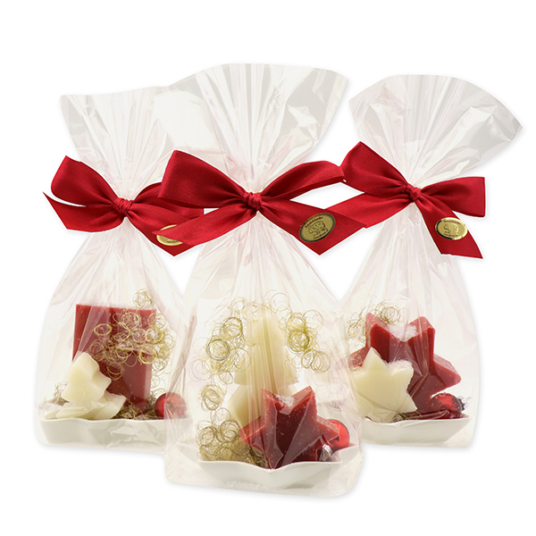 Soap dish filled with sheep milk soaps 100g in a cellophane, Classic/pomegranate 