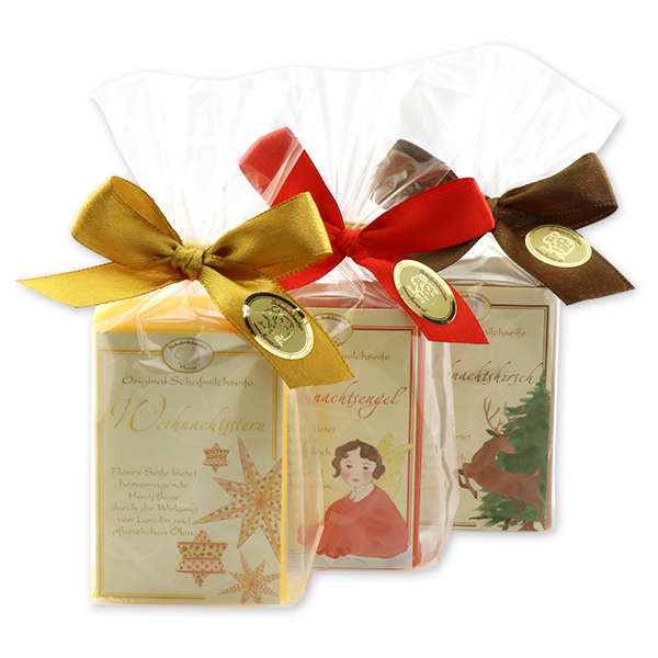 Sheep milk soap 100g, decorated with christmas cards in a cellophane, sorted 
