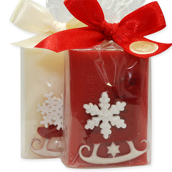 Sheep milk soap 100g decorated with felt ice skates in a cellophane, Classic/pomegranate 