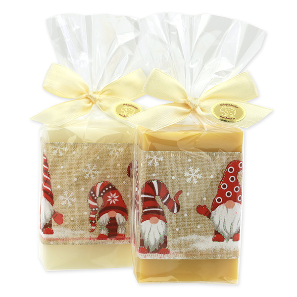 Schafmilchseife eckig 150g, dekoriert mit Dekoband in Cello, Classic/Zirbe 