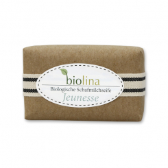 Biolina Schafmilchseife 100g verpackt mit braunem Papier und Dekoband gestreift, Jeunesse 