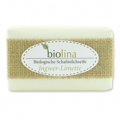 Biolina Schafmilchseife 200g verpackt mit gelbem Papier und Juteband, Ingwer-Limette 