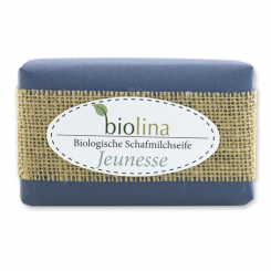 Biolina Schafmilchseife 200g verpackt mit blauem Papier und Juteband, Jeunesse 