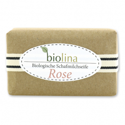 Biolina Schafmilchseife 200g verpackt mit braunem Papier und Dekoband gestreift, Rose 