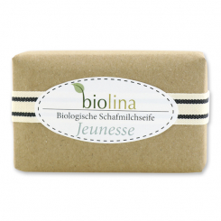 Biolina Schafmilchseife 200g verpackt mit braunem Papier und Dekoband gestreift, Jeunesse 