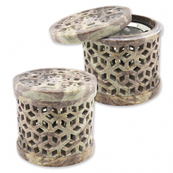 Incense holder 10x9,5cm soap stone with a removable  strainer and lid, for a tealight 
