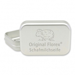 Soap box out of aluminium with drip tray and laser engraving, "Schafmilchseife" 