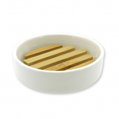 Seifenschale Porzellan rund mit Holz-Einsatz aus Bambus 