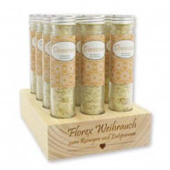 Aufsteller Holz befüllt mit Räucherwerk 35g im hohen Glas, Dammar 