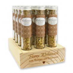 Aufsteller Holz befüllt mit Weihrauchmischung 35g im hohen Glas, Weihrauch mit Zirbe 