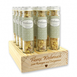 Aufsteller Holz befüllt mit Weihrauch 30g im hohen Glas, Äthiopien Premium 