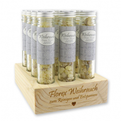 Aufsteller Holz befüllt mit Weihrauch 30g im hohen Glas, Oman Premium "Hojari" 