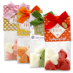 Sheep milk soap heart 10x8g in a cellophane bag "Herzenswünsche", sorted 