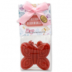Schafmilchseife Schmetterling 60g in Cello "Herzlichen Glückwunsch", Rose mit Blüten 