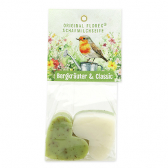 Schafmilchseife Herz mittel 4x23g in Cello "Naturzauber Motiv 10, Classic/Bergkräuter 