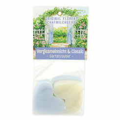 Schafmilchseife Herz mittel 4x23g in Cello "Gartenzauber Motiv 1, Classic/Vergissmeinnnicht 