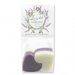 Sheep milk soap heart 4x23g in a cellophane 'Einzigartige Augenblicke', Classic/Lavender 