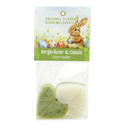 Schafmilchseife Herz mittel 4x23g in Cello "Osterzauber Motiv 4, Classic/Bergkräuter 