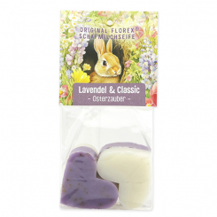 Schafmilchseife Herz mittel 4x23g in Cello "Osterzauber Motiv 6, Classic/Lavendel 