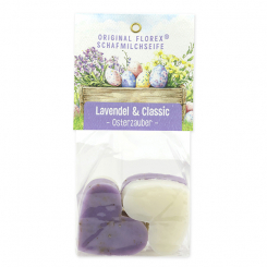 Schafmilchseife Herz mittel 4x23g in Cello "Osterzauber Motiv 7, Classic/Lavendel 