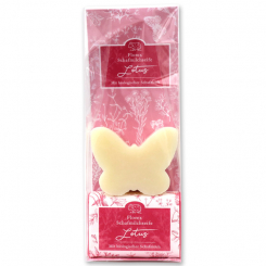 Sheepmilk soap packed with florentine-sleeve in a cellophane bag, butterfly 76g classic and 100g lotus 