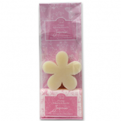 Sheepmilk soap packed with florentine-sleeve in a cellophane bag, flower 78g classic and 100g jasmine 