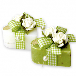 Schafmilchseife Herz groß 85g, dekoriert mit Rose, Classic/Eisenkrau 