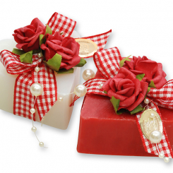 Sheep milk soap heart 85g, decorated with roses, Classic/pomegranate 