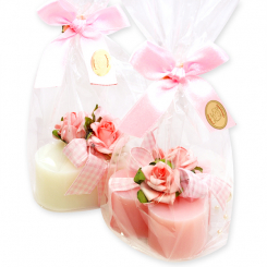 Sheep milk soap heart 85g, decorated with roses in a cellophane, Classic/peony 