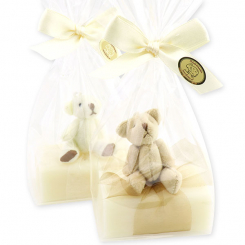 Schafmilchseife eckig 100g, dekoriert mit Teddy in Cello, Classic 