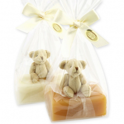 Schafmilchseife eckig 100g, dekoriert mit Teddy in Cello, Classic/Quitte 