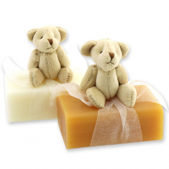 Schafmilchseife eckig 100g, dekoriert mit Teddy, Classic/Quitte 