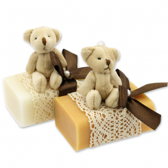 Schafmilchseife eckig 100g, dekoriert mit Teddy, Classic/Quitte 